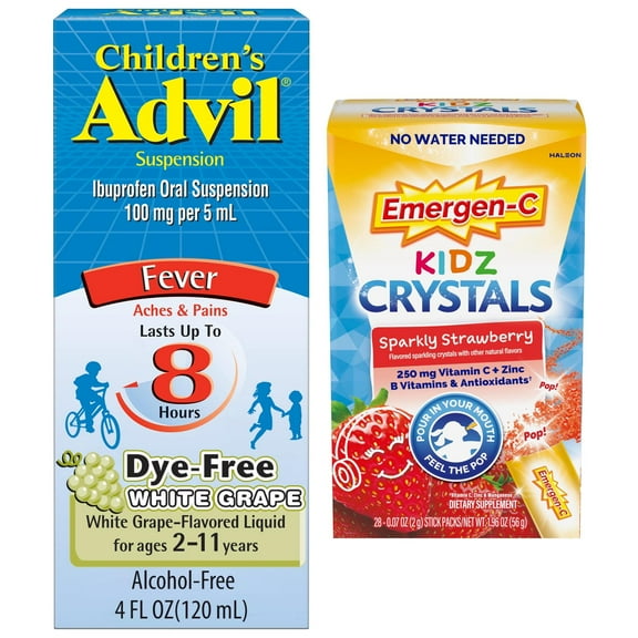 Emergen-C Kidz Crystals and Children’s Advil Pain Reliever, Ibuprofen and Vitamin C, 28 Packs and 4 fl oz Set