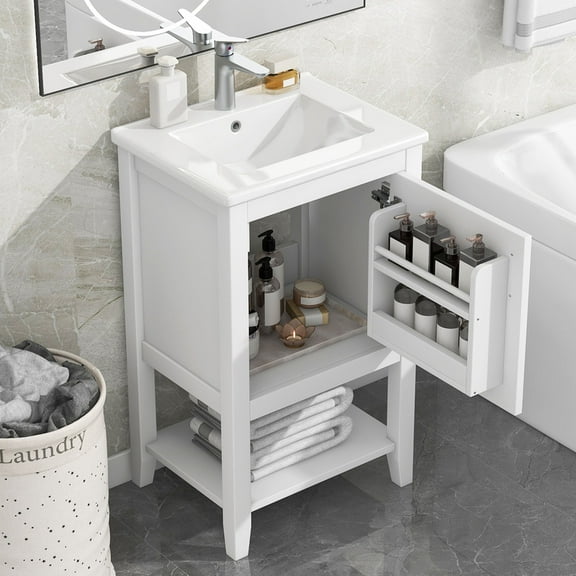 HICOMILA 20" Small Bathroom Vanity with Sink Combo, Freestanding Vanity Cabinet with Soft Closing Door, Storage Rack, Open Shelf, White