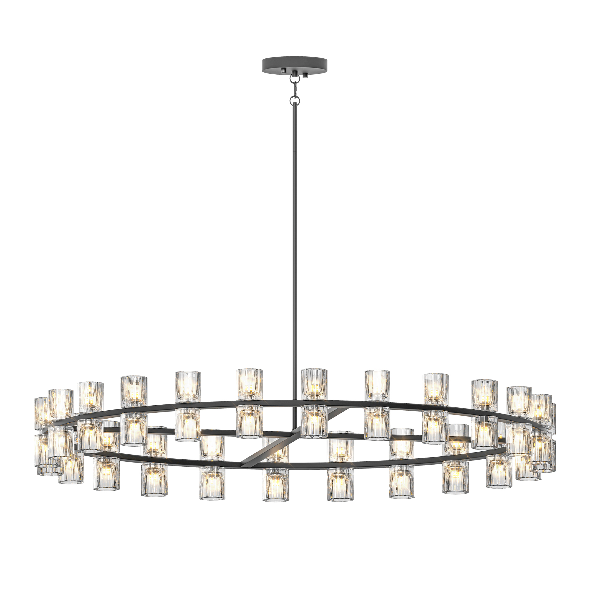 Modern 48-Inch Wagon Wheel Crystal Chandelier in Black, 48-Light Dimmable Foyer Light Fixture with K9 Crystal Shades for Dining Room Living Room, Adjustable Height, G4 Bulbs Included