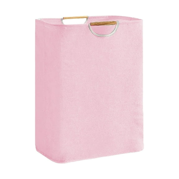 Large Laundry Basket With Wooden Handles - Pink Fabric Hamper For Clothes, Toys, Bedroom, Bathroom, Laundry Room