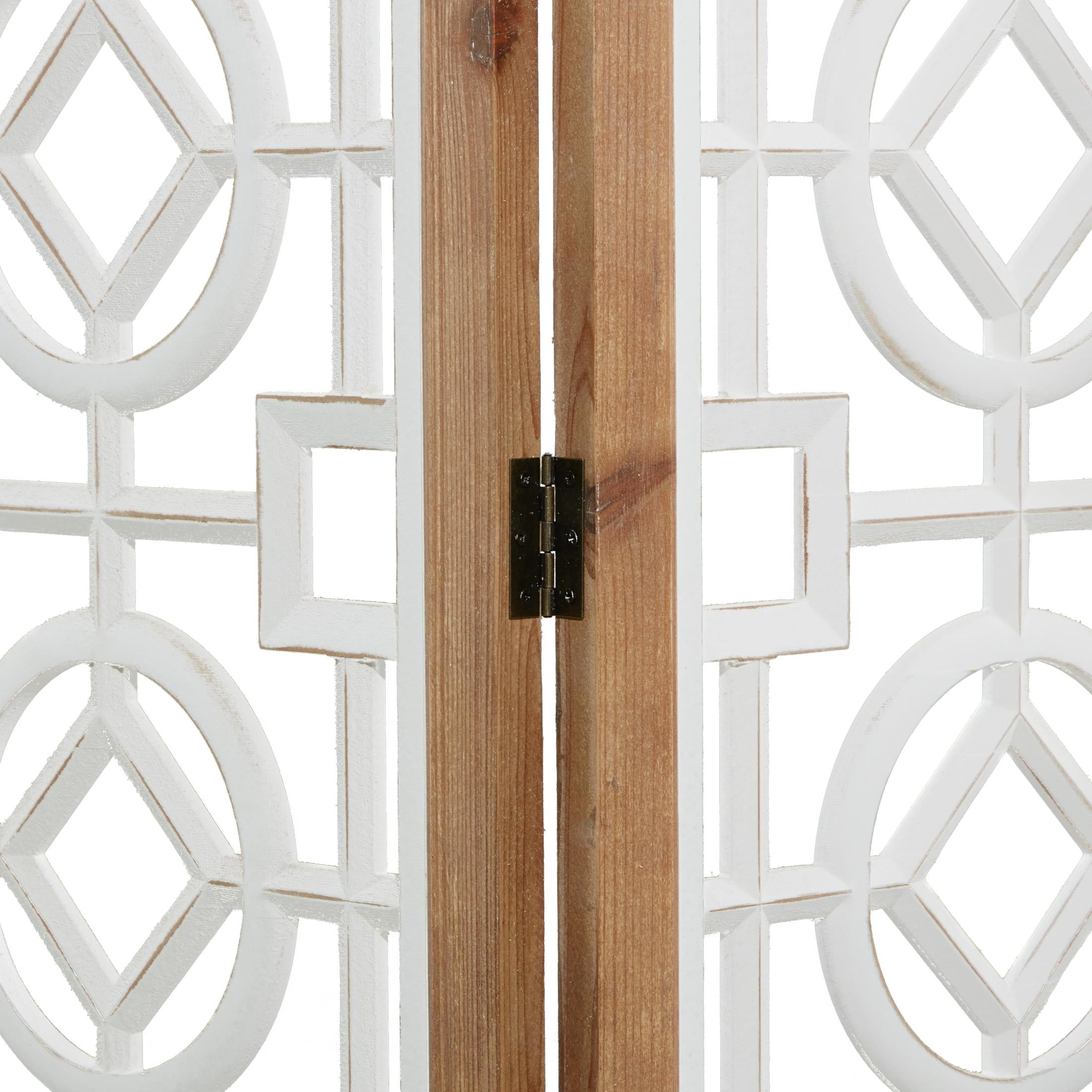 DecMode White/Pastel Brown Farmhouse Wood Room Divider Screen with Geometric Carvings, 54"W x 72"H