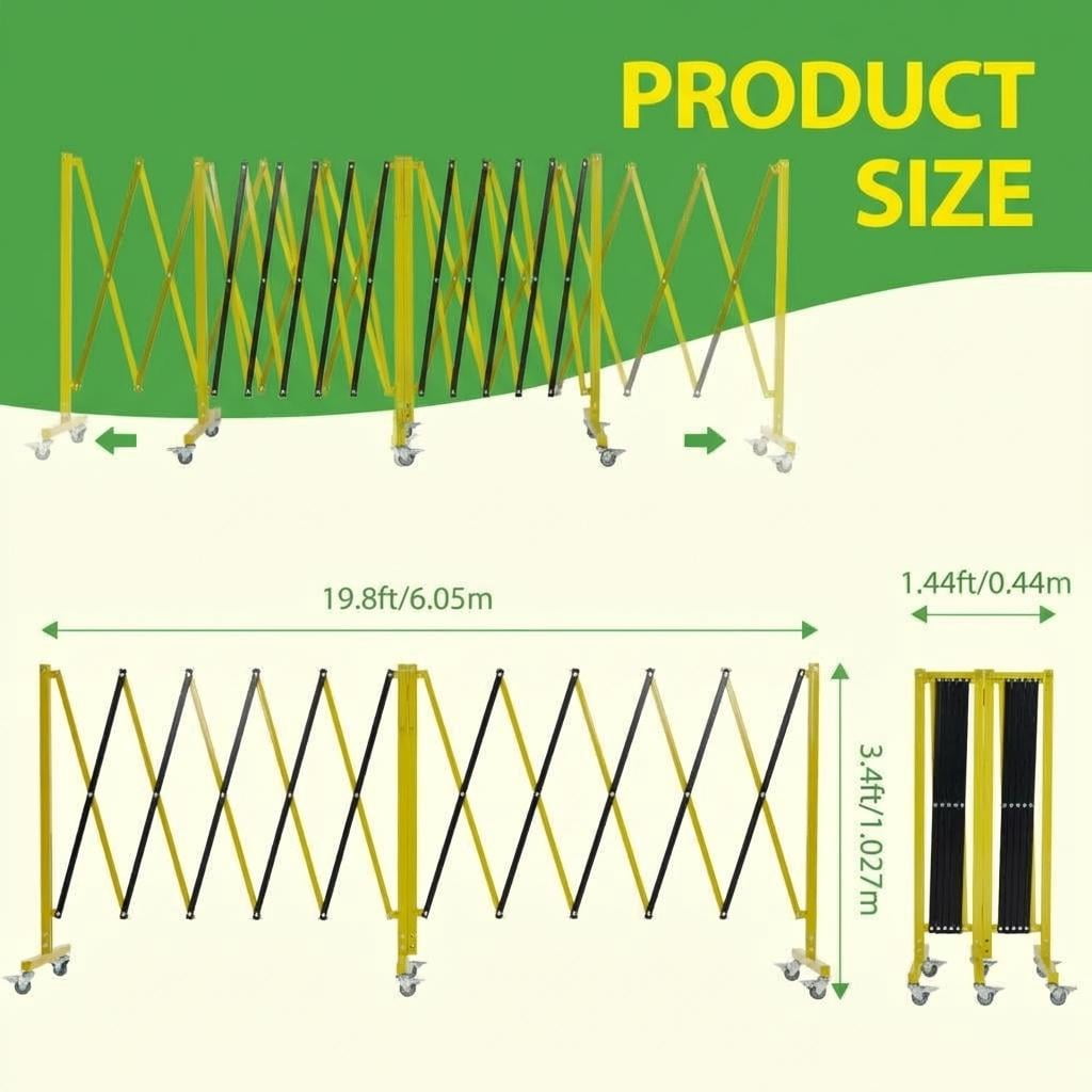 Expandable Metal Safety Barricade Gate – 20 FT, Portable Retractable with Wheels, Yellow & Black for Construction, Parking, Crowd Control