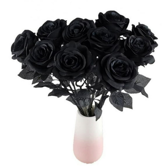 Blukids 12PCS Artificial Silk Flowers Realistic Roses Bouquet Long Stem for Home Wedding Decoration Party(Black)