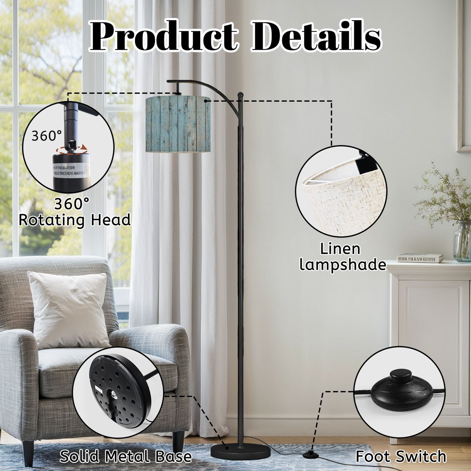 Arc Floor Lamp with Adjustable Lampshade Light old boards Wooden light wood Advertising Standing Lamp 3 Color Temperatures Dimmable Tall Pole Lamp with Foot Switch for Bedroom