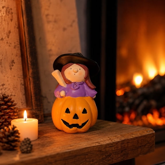 Sruoe Halloween Decorations, Witch Figurine Jack O Lantern Resin Statue, 3.94 Inch Tabletop Halloween Knick Knacks for Shelf Mantel Tiered Tray Home Party Display, Halloween Decorations Indoor
