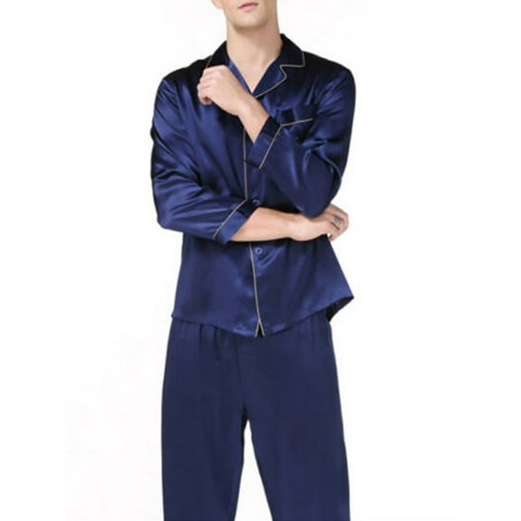 FOCUSNORM Men's Satin Pajamas Long Button-Down Pj Set Sleepwear Loungewear