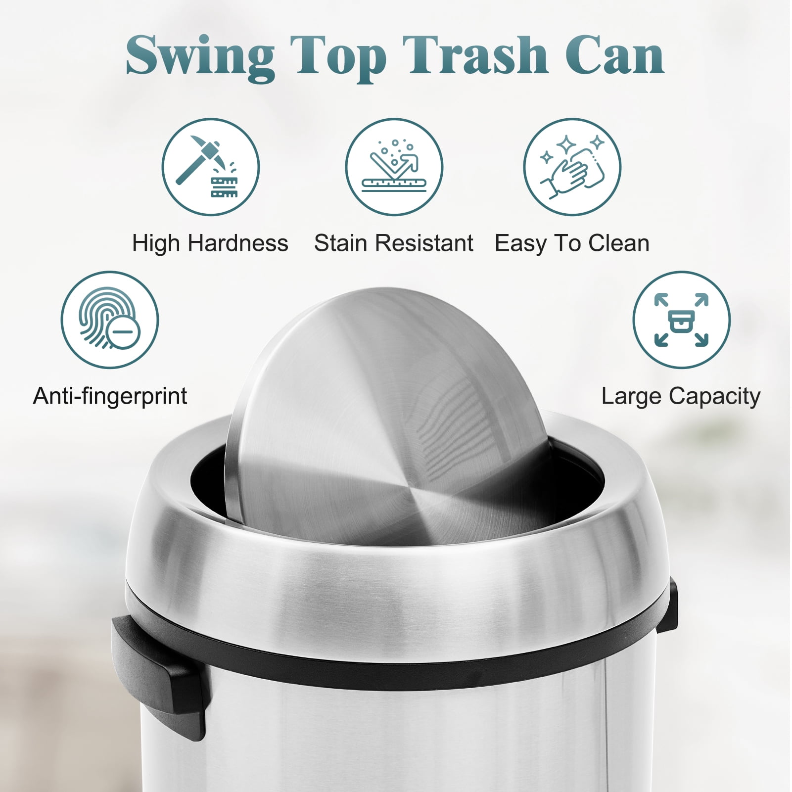 17 Gallon Large Capacity Kitchen Trash Can, Commercial Open Trash Can, Heavy Duty Brushed Stainless Steel Garbage Can, 65 Liter, Suitable for Kitchen Outdoor Office