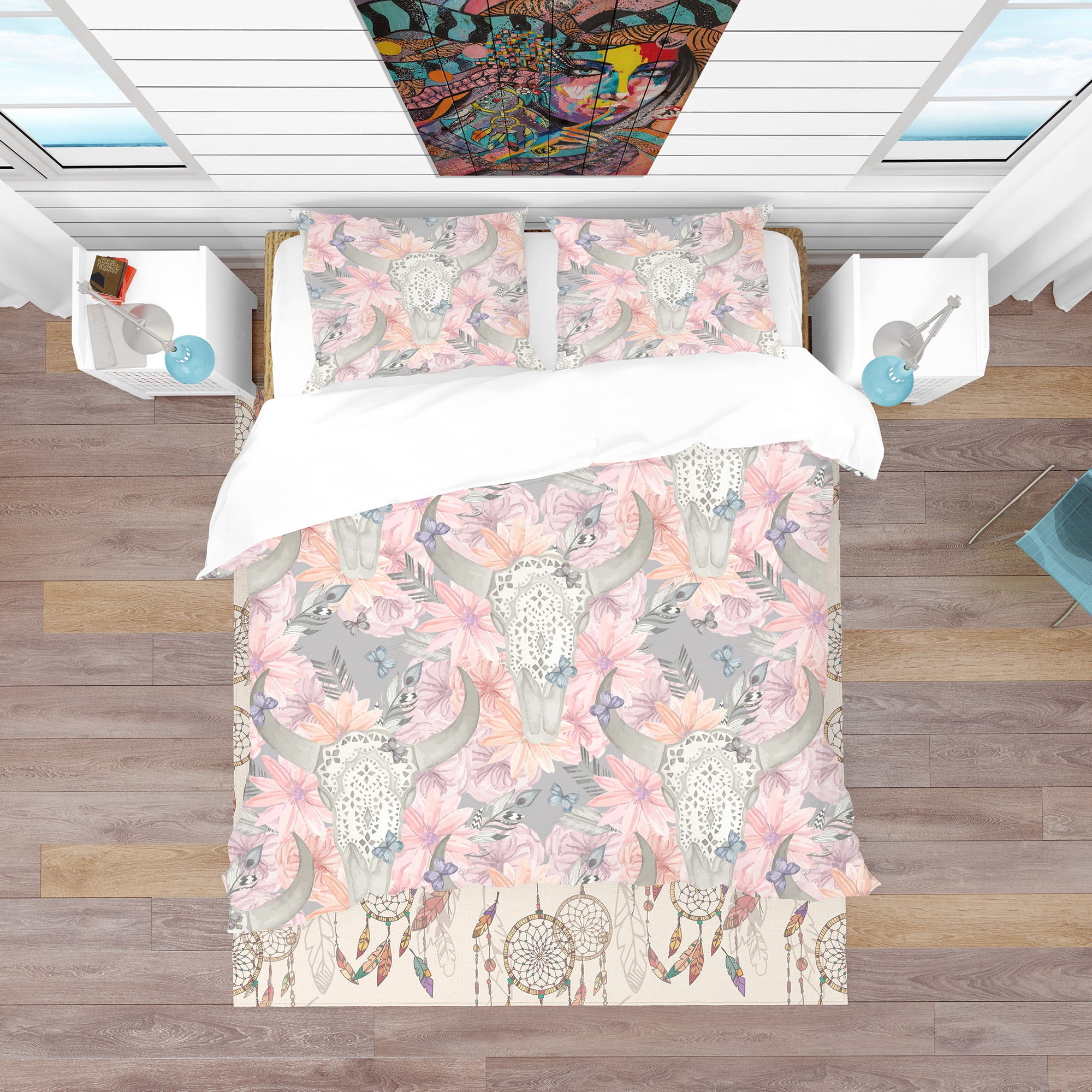 Designart 'Skull Bull in Flowers' Bohemian & Eclectic Duvet Cover Set