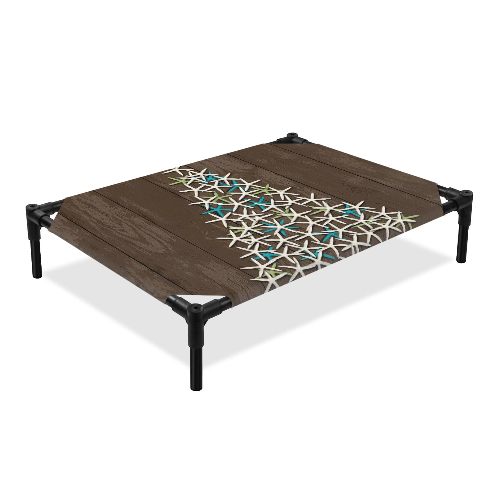 Coastal Christmas Theme Elevated Dog Bed Red Blue Starfish Xmas Tree Wood Grain Cooling Breathable Outdoor Raised Dog Cot Bed with Metal Frame Non-Slip Feet for Large Dog 28x22in