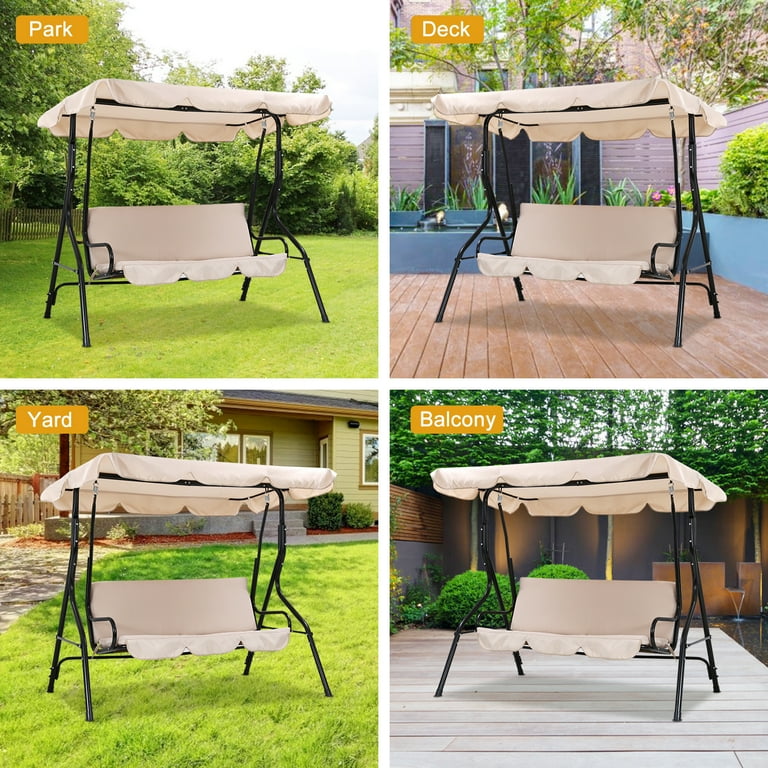 Patio Swings with Adjustable Tilt Canopy Outdoor Swing With Removable Cushions for Adults Porch Swings with Canopy Comfortable Armrests Stable Frame