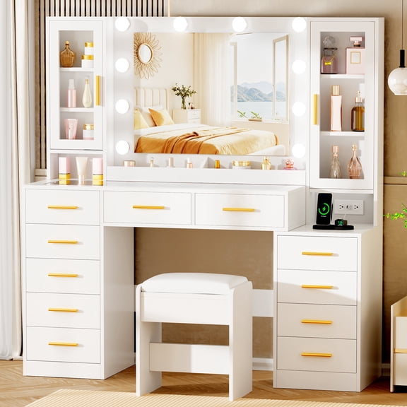 BEWISHOME 53.2" White LED Makeup Vanity Desk with Mirror & Lights, Vanity Set with Glass Top, 11 Drawers & Power Outlet, Stool, Dressing Table for Bedroom