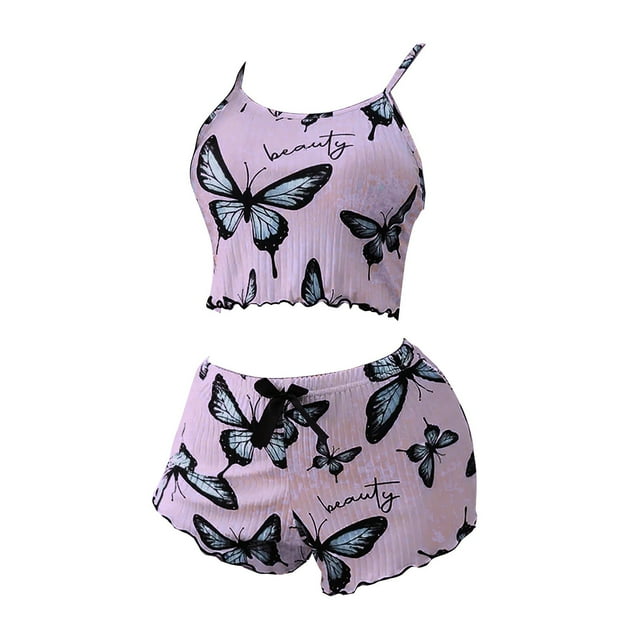 Ensemble de Pyjama Aguichant à Imprimé Papillons, à Bretelles, avec Short
