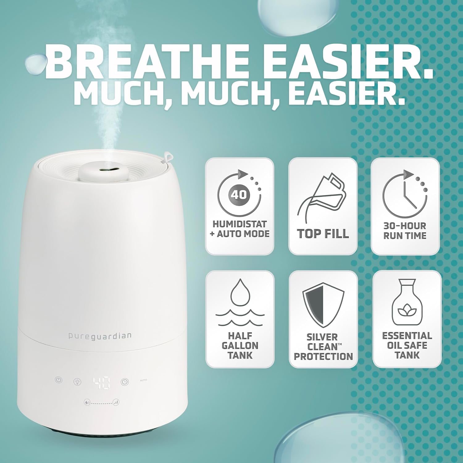 H955W Top Fill Cool Mist Ultrasonic Humidifier for Large Rooms with Humidistat and Timer