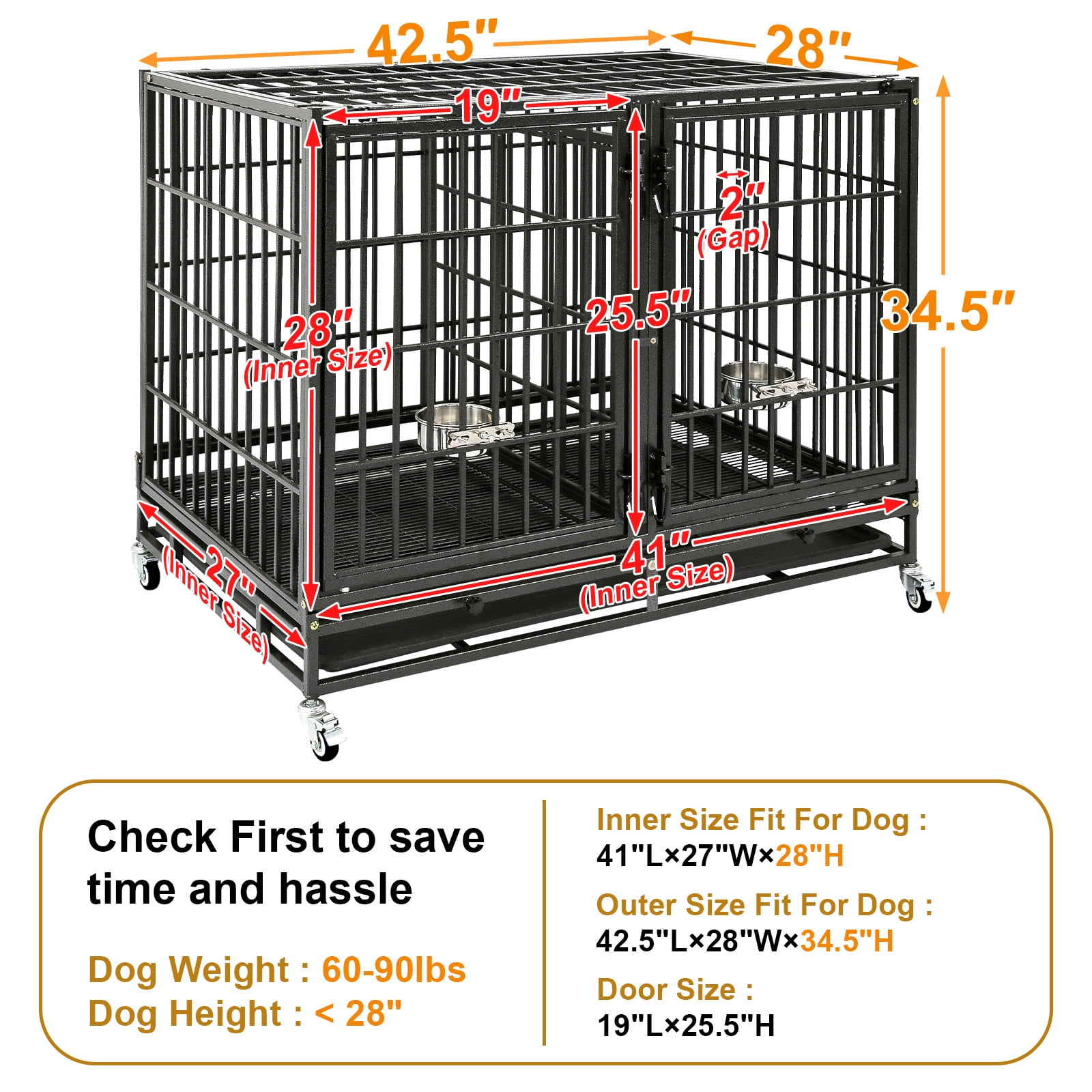 Homey Pet Stackable 43 inch Dog Crate Cage Kennel Indoor with Divider, 2X Steel Bowls, 4X Lockable Wheels, Tray, Heavy Duty Wire Dog Crates for Large/Medium/Small Dogs (Tall Model)