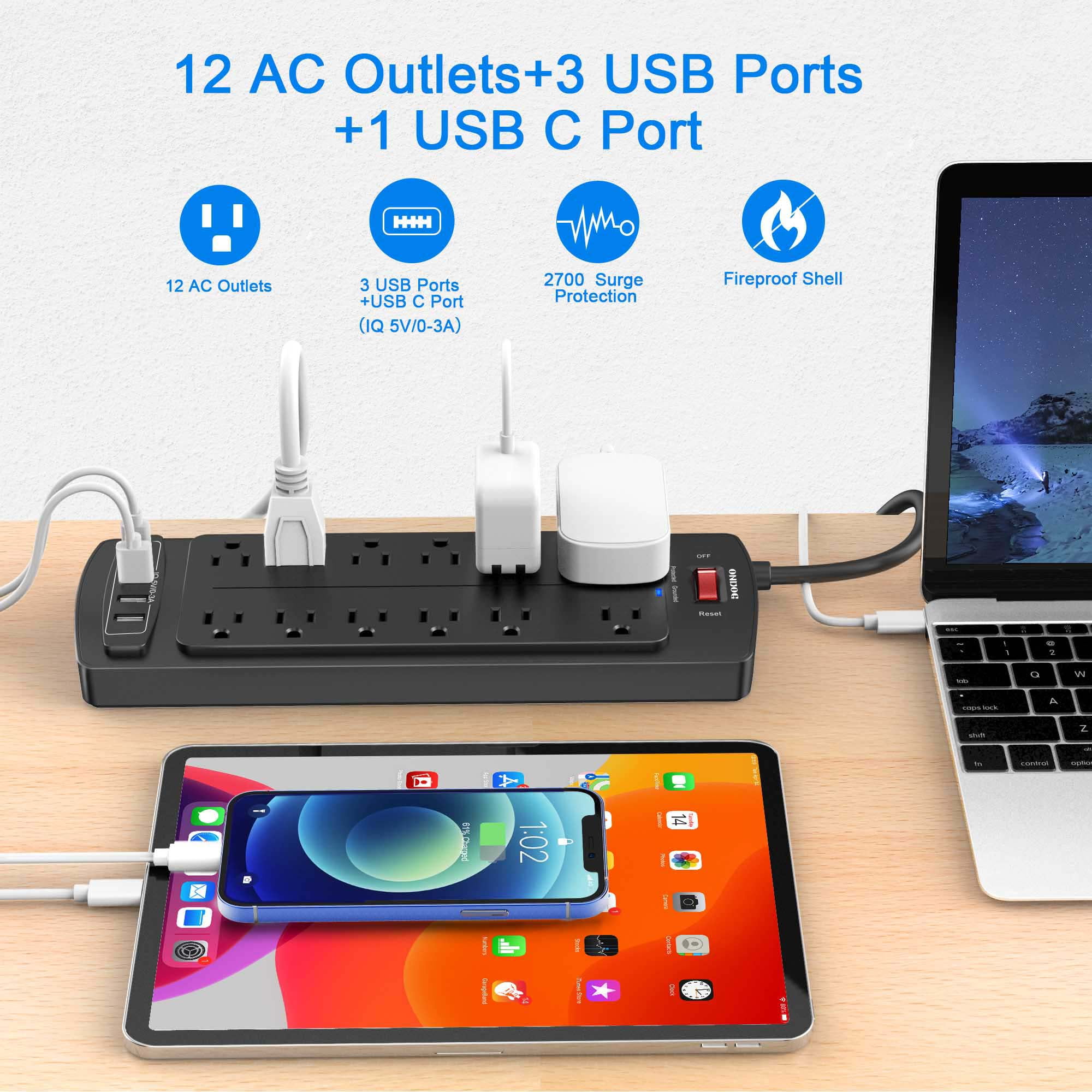 ONDOG Surge Protector with 12 Outlets and 4 USB Ports, 6 ft Extension Cord (1875W/15A), 2700J Power Strip, Black (PS923)