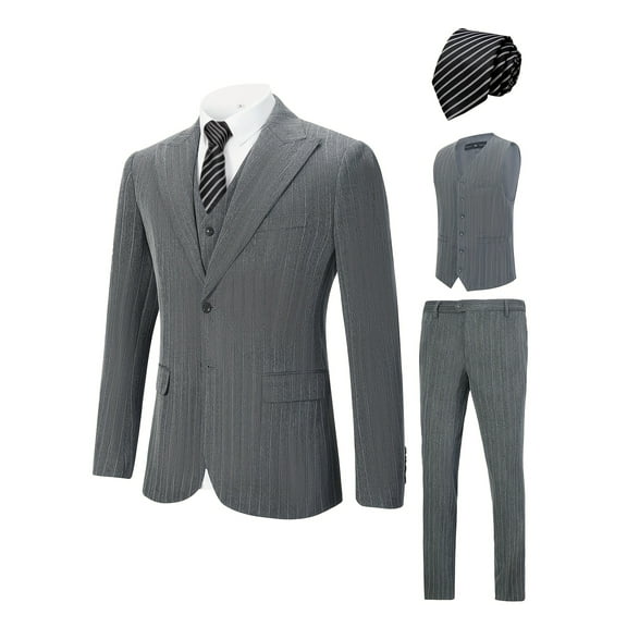 Beauty-Emily Men's 4-Piece Striped Suit Set, Blazer, Vest, Pants, Striped Tie, for Wedding, Business, Party, Banquet, Prom, Formal Events, Graduation