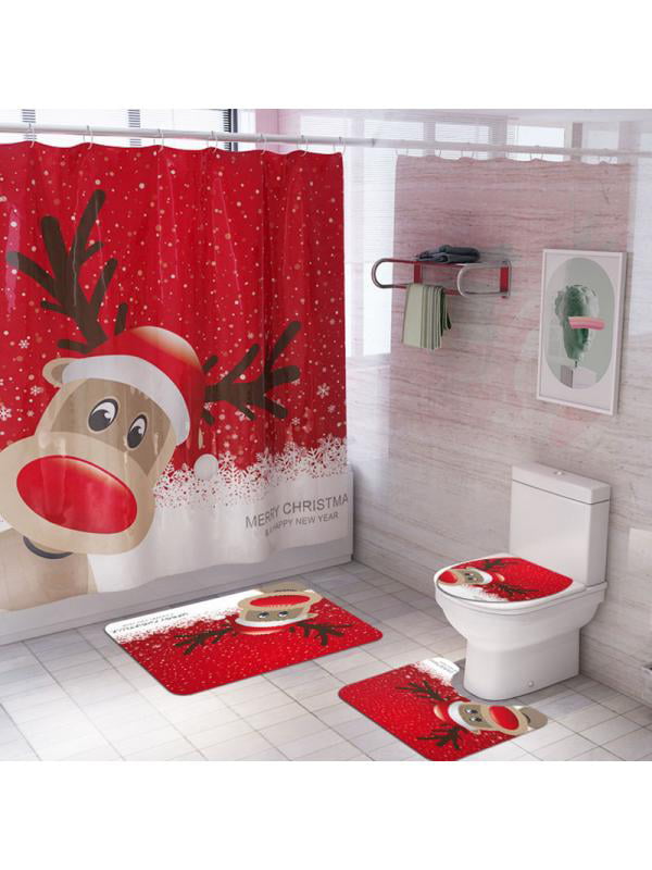 4Pcs Shower Curtain Set Christmas Bathroom Waterproof Toilet Seat Mat Cover Rug 