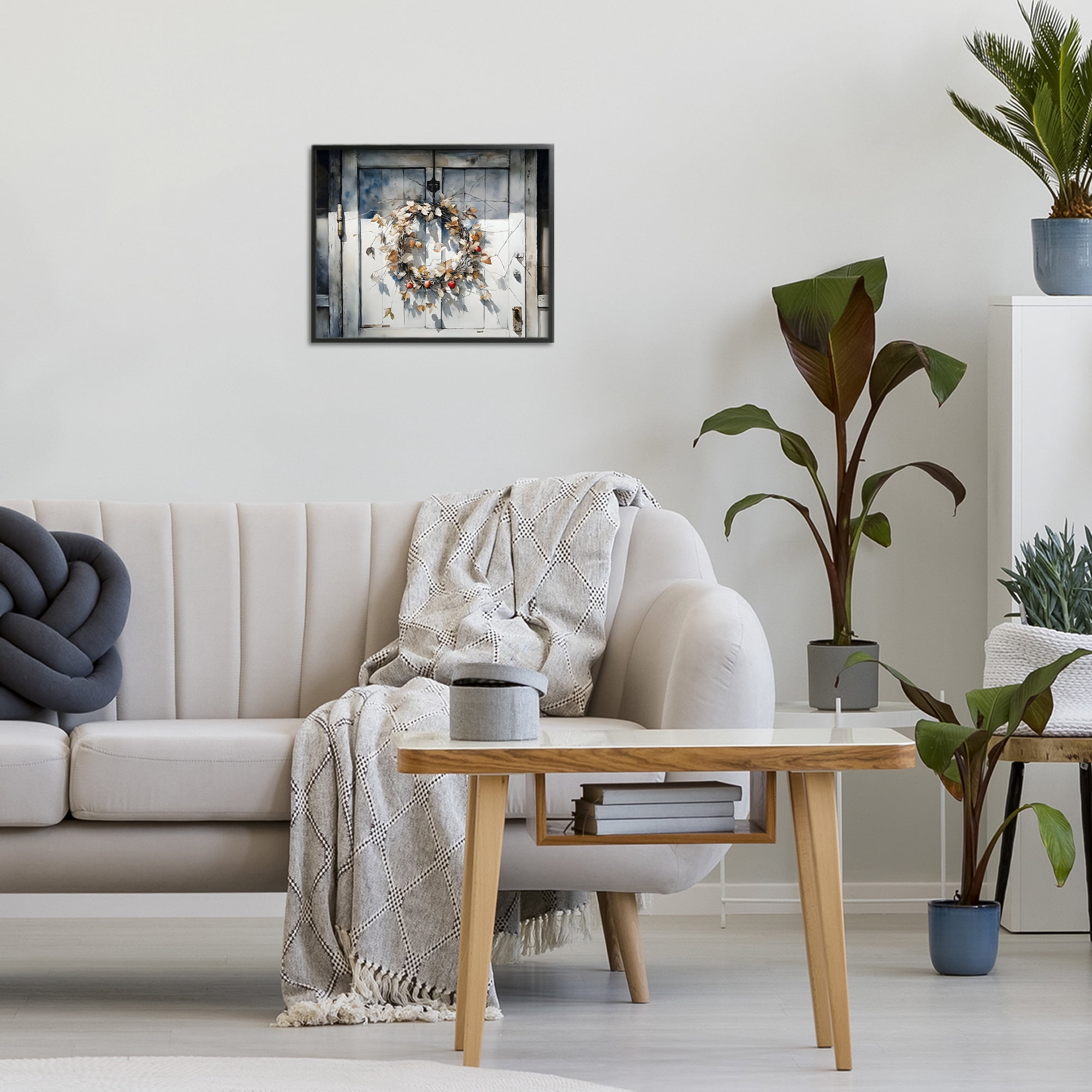 Stupell Industries Rustic Wreath on White Door Black Framed Giclee Art, design by Franklyn Gregory