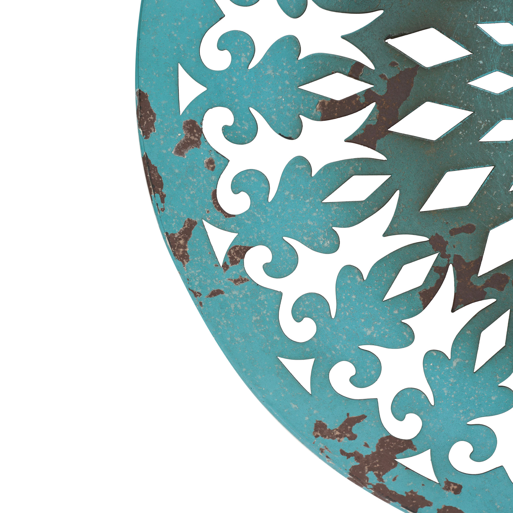 American Art Decor Turquoise Blue Rustic Antique Distressed Metal Mandala Medallion Round Tabletop Art Sculpture - 15" H x 12" L x 3" D