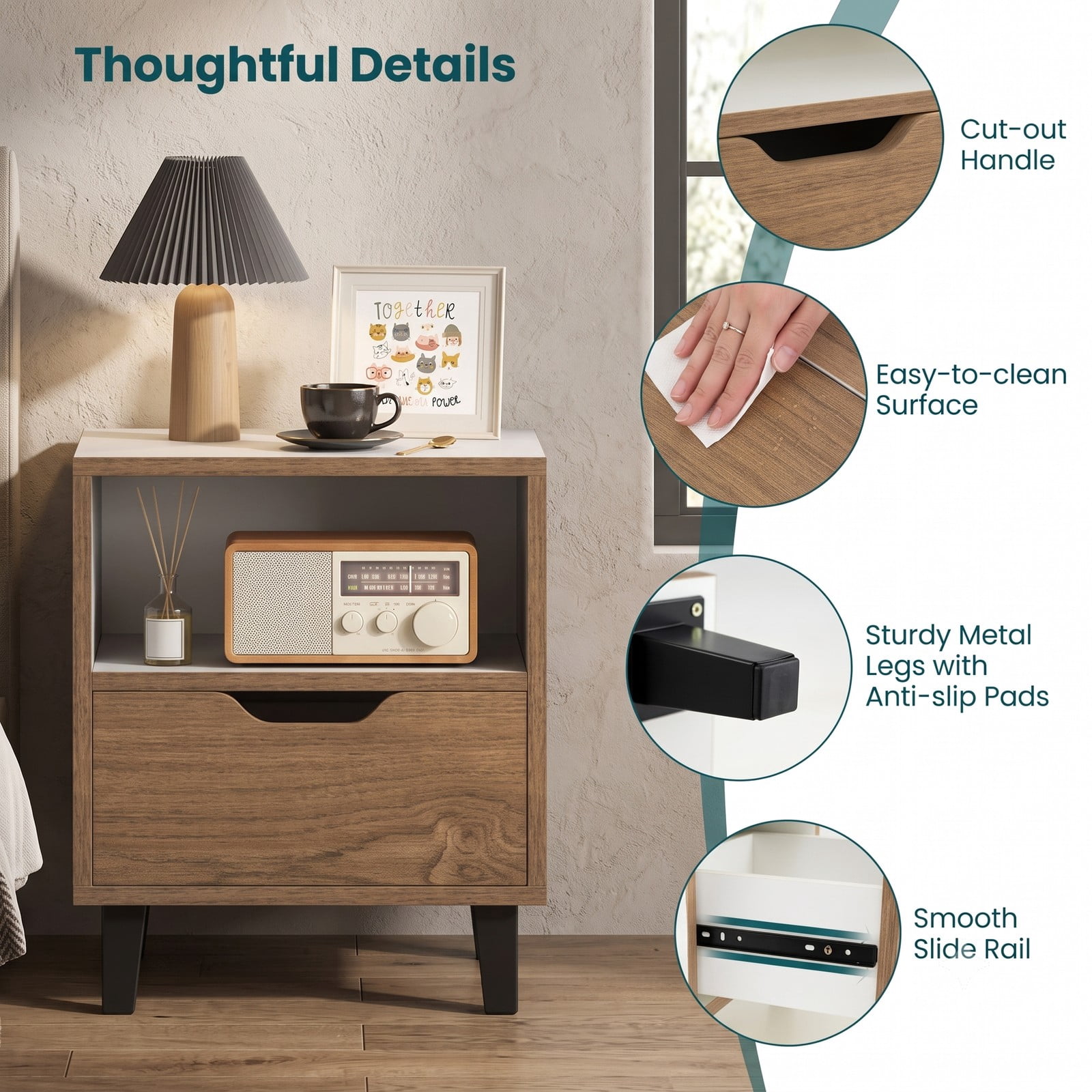 Furnibear Nightstand with Drawer and Open Storage Shelf, Two-tone Bedside Table with Metal Legs for Bedroom and Sofa Side, White