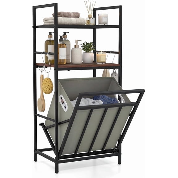 HarmonyStrings Tilt out Laundry Hamper, Space Saving Bathroom Storage Cabinet with Removable Basket, 2 Open Shelves & 4 Side Hooks, Hidden Laundry Organizer for Dirty Clothes, Laundry Room, Bedroom