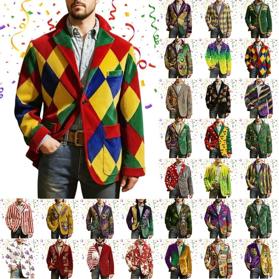 IWRICH Mardi Gras Corduroy Jacket for Men Holiday Blazer Outfits Plus Size Suit Sequin Printed Accessories Suits Cardigan Apparel 29-Yellow XL
