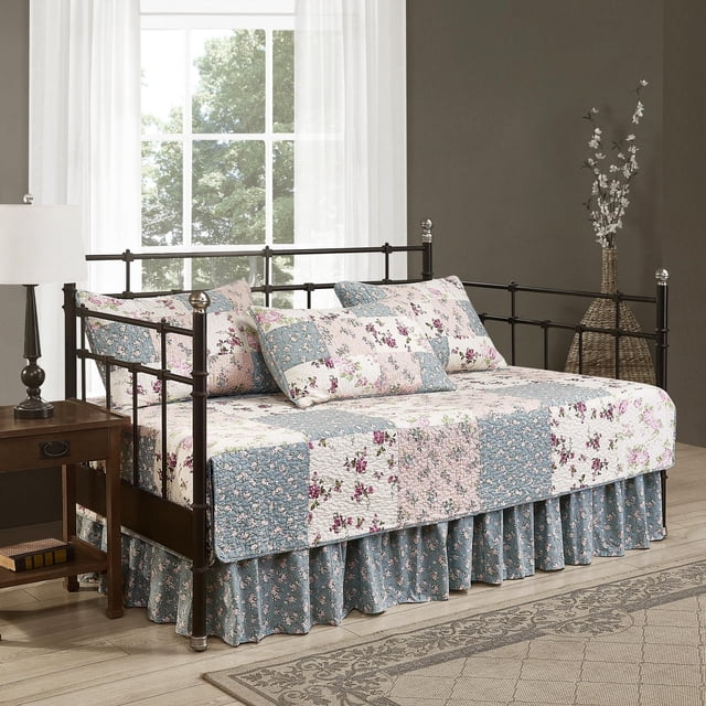 Chezmoi Collection Abbi 5-Piece Daybed Bedding Set Shabby Chic Floral Daybed Cover Pre-Washed Cotton Patchwork Daybed Set