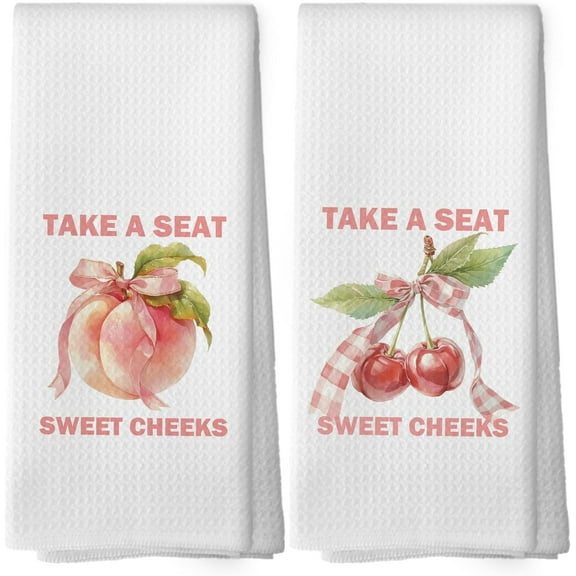 Funny Kitchen Towels - Humor Sarcastic Trendy Preppy Dish Towels, Coquette Retro Peach Cherry Decorative Absorbent Dishcloths Hand Towels Set of 2 for Kitchen Decor 18x26 Inches