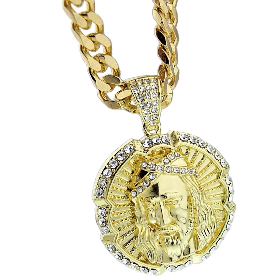 MaxBling81 30" Gold Plated Cuban Link Chain Necklace With Cubic Zirconia Diamond Shape - Hip Hop Style