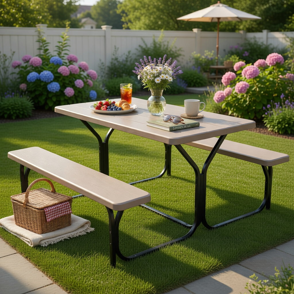 Hommoo HDPE Outdoor Picnic Table and Bench Set with Powder-Coated Steel Frame, Weather-Resistant, Easy-Assembly Backyard Dining Set, Coffee