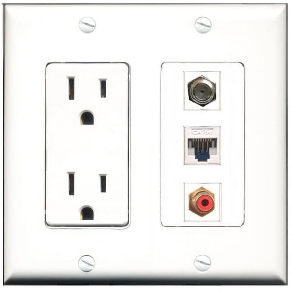 RiteAV - 15 Amp Power Outlet 1 Port RCA Red 1 Port Coax 1 Port Cat5e Ethernet White Decorative Wall Plate