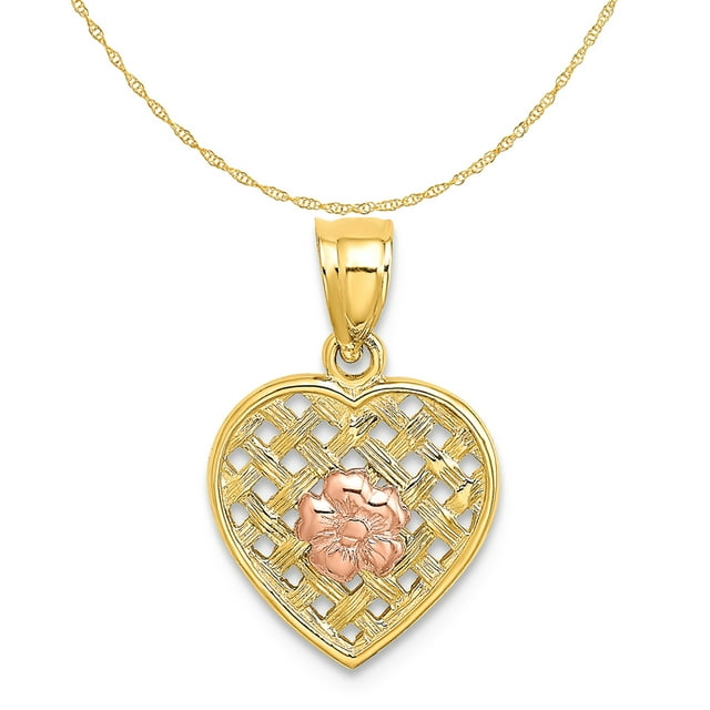 14K TwoTone Gold Two Tone Flower On Woven Heart Charm (15.9 mm X 11.4