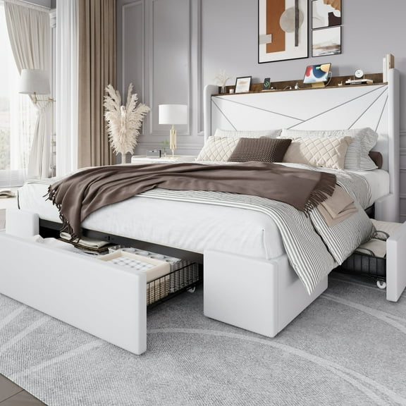 Amolife Queen Size Storage Bed Frame with Charging Station & 3 Drawers, Velvet Platform Bed with Upholstered Wingback Headboard, 900 LBS Capacity, White