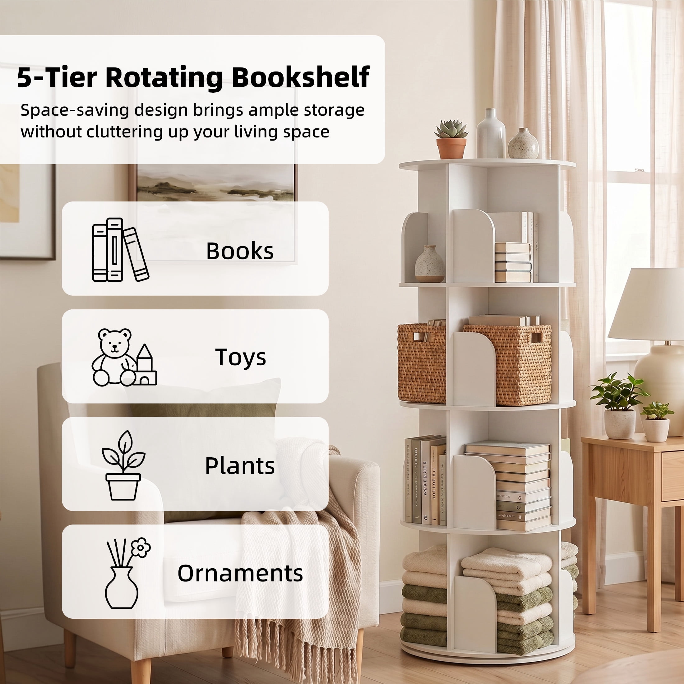 Gianna 4 Tier Rotating Bookshelf, 360 Display Floor Standing Bookcase Storage Rack, White