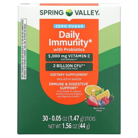 Spring Valley Zero Sugar Daily Immunity with Probiotics Dietary Supplement Powder for Immune and Digestive Support, 0.05 oz Sticks, 30 Count