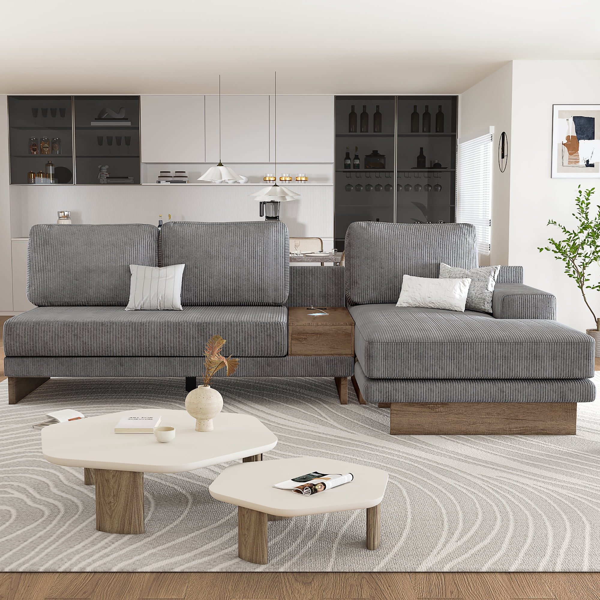 EUROCO 114" L-shaped Sectional Sofa Couch, Corduroy Sofa with 2 USB Ports, 2 Power Sockets, a Storage Drawer and a Reversible Chaise Lounge, Grey