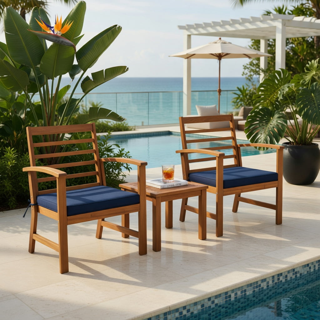 Hommoo 3-Piece Acacia Wood Outdoor Patio Furniture Set with Cushions, Durable Backyard Seating for Poolside, Porch, or Deck, Navy