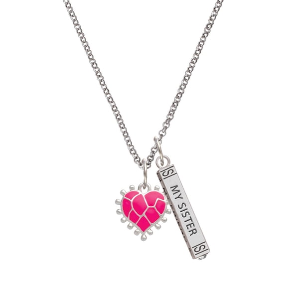 Delight Jewelry Silvertone Hot Pink Giraffe Print Heart Silvertone Always My Sister Bar Charm Necklace, 23"
