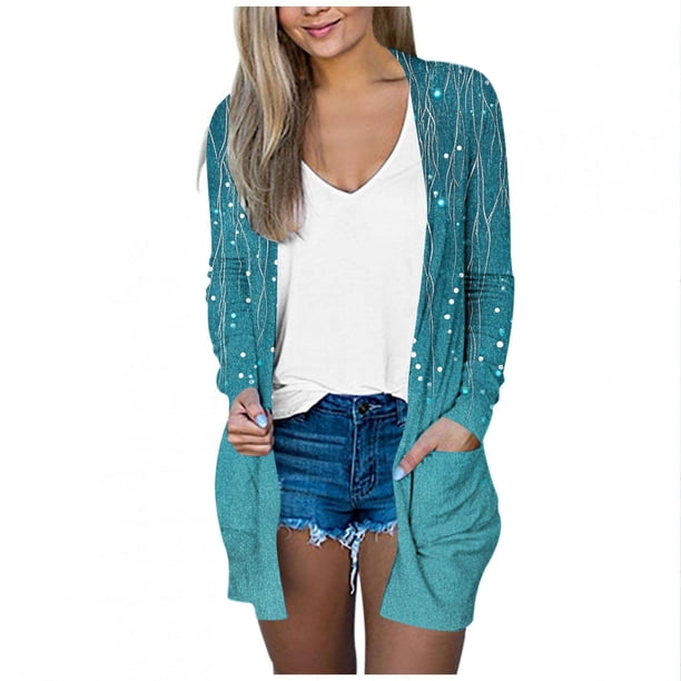 Mujeres de Manga Larga Tops de Impresión Casual Blusa de Bolsillo Cardigan Algodón Poliéster, Moda Señoras Top para el Uso Diario Y Casual de Primavera