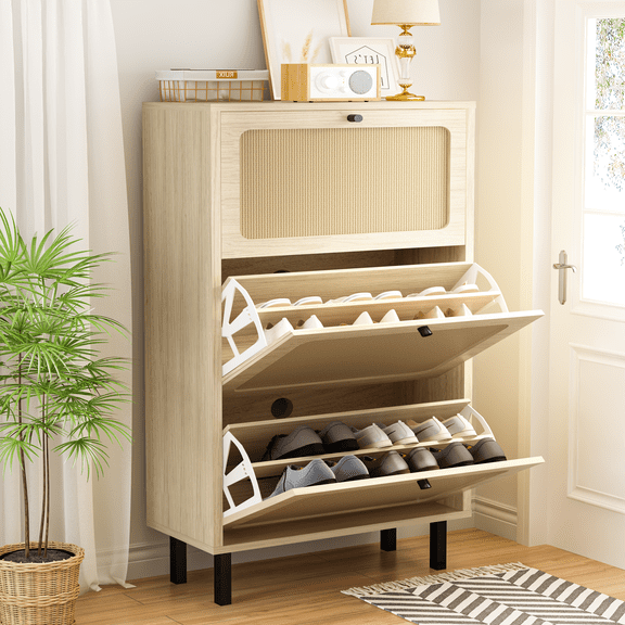 Baxluxe Shoe Storage Cabinet with 3 Flip Drawers, 6 Tiers Natural Rattan Entryway Shoe Organizer Rack Wooden Door Shoe Organizer for Entryway Hallway, Living Room