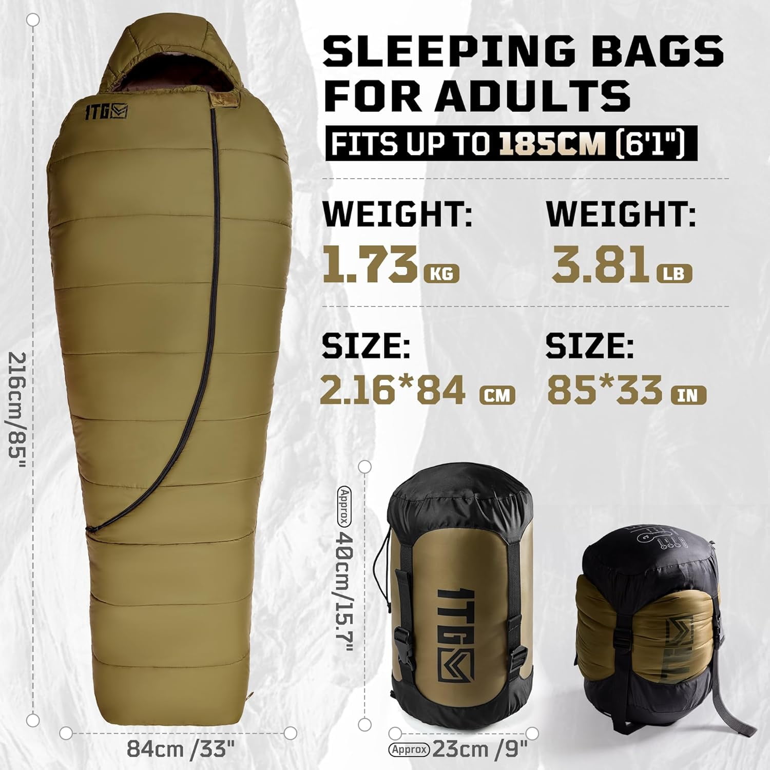 Sleeping Bag for Adults, 25-36℉Cold Weather Mummy Bag, Lightweight 3–4 Season Winter with Adjustable Hood, Phone Pocket & Compression Sack Camping Hiking Backpacking