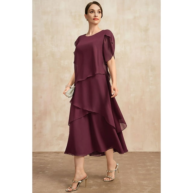 Plus Size Temperament Chiffon Mother Of The Bride Dress Irregular Layered Hem Short Sleeve Maxi Dress Summer Party Dress FJH