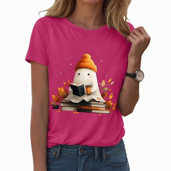 TOWED22 Halloween Teacher Shirts for Women Groovy Read More Books Ghost T-Shirt Short Sleeve Halloween Party Tee Tops(Hot Pink,L)