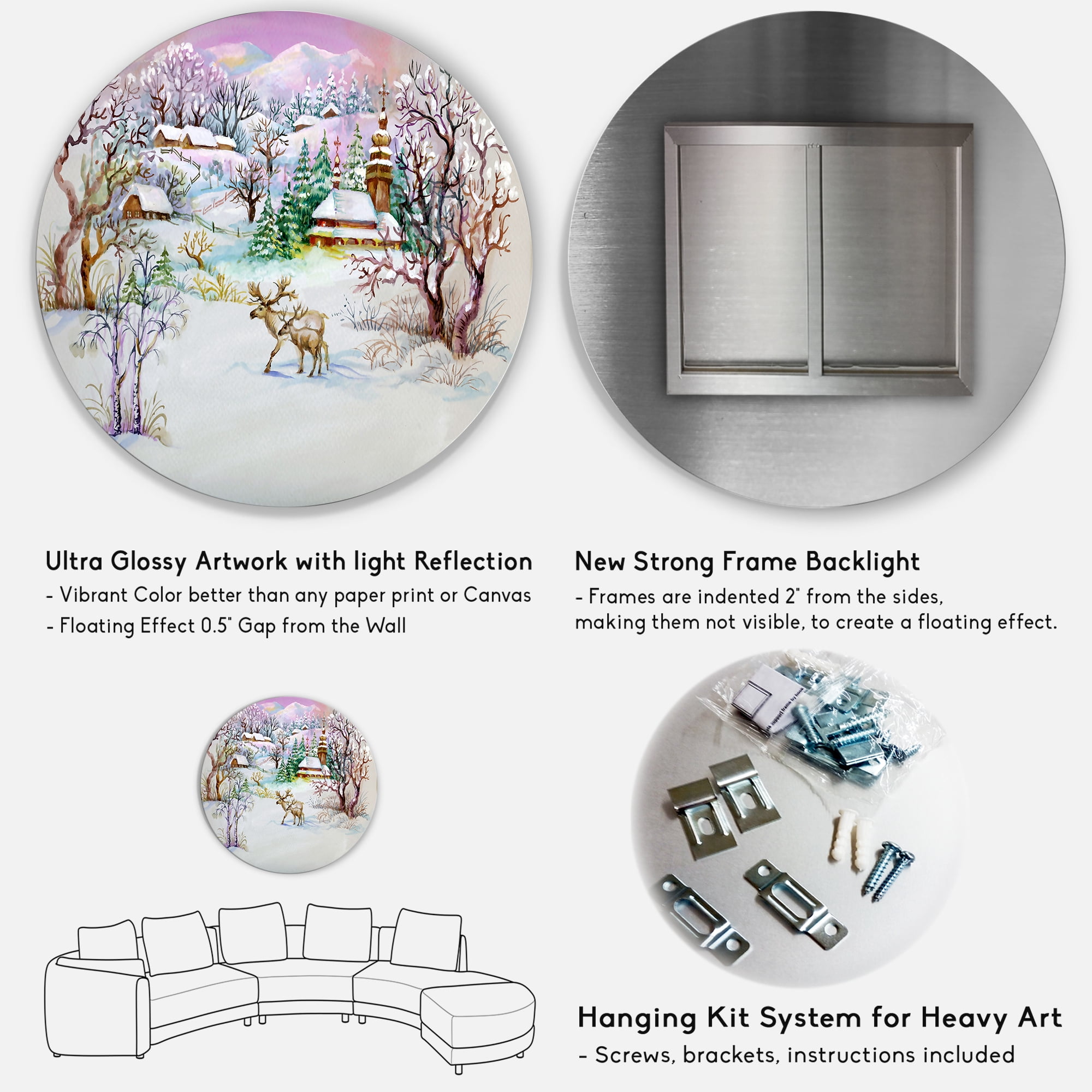 Designart 'Winter VIllage Life Landscape' Traditional Circle Metal Wall Art 36x36 - Disc of 36