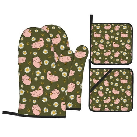 

Oven Mitts and Pot Holders Sets 4 pcs - Cartoon Pink Cute Duck Daisy Heat Resistant Silicone Oven Gloves with Non-Slip Silicone Surface and hot pads for kitchen Baking Cooking BBQ