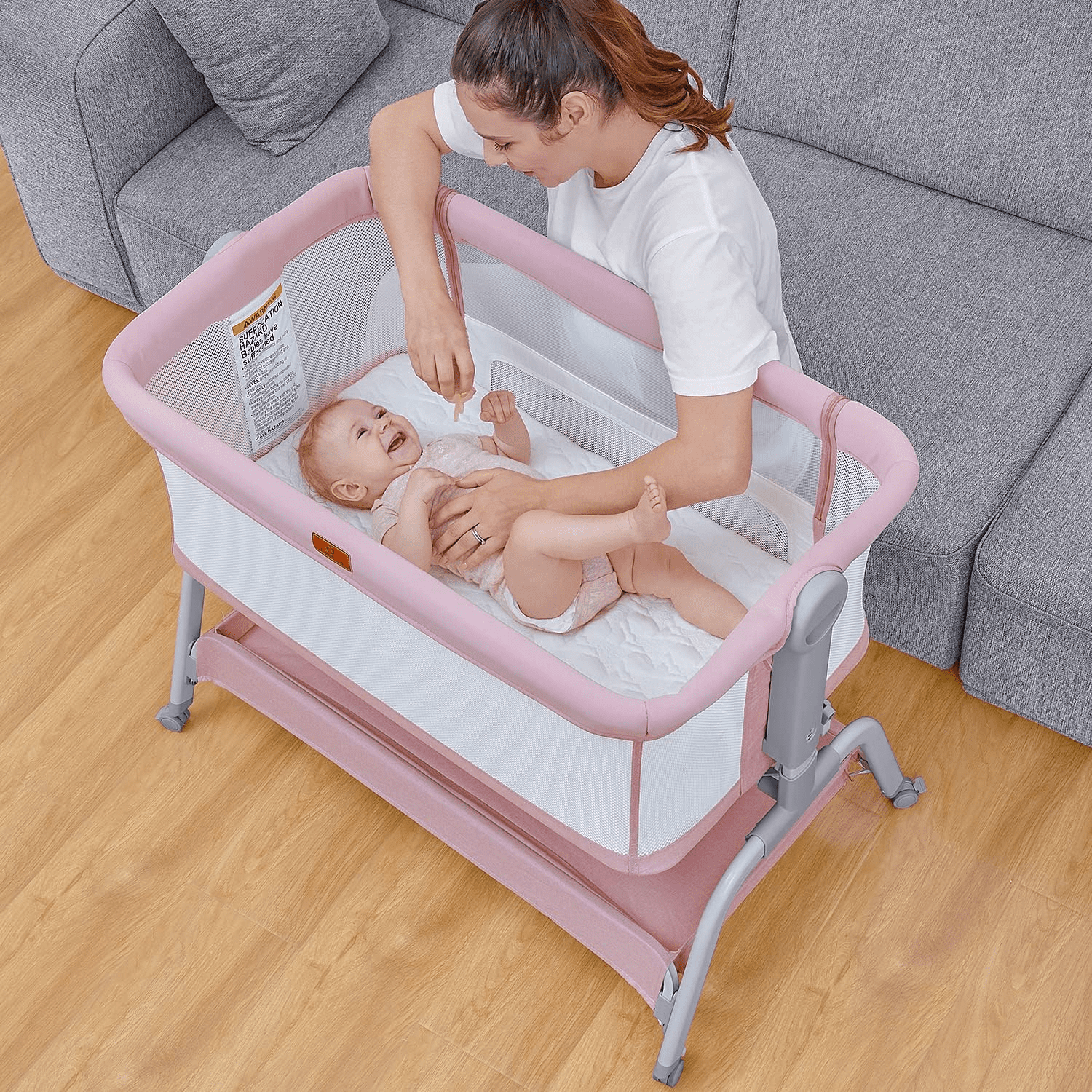 BabyBond Baby Bassinet, 3 in 1 Bassinet Bedside Sleeper with Washable Soft Mattress and Sheet, 6 Height Adjustable Easy Folding Bedside Crib, 4-Sided Mesh Bedside Bassinet for Baby,Pink