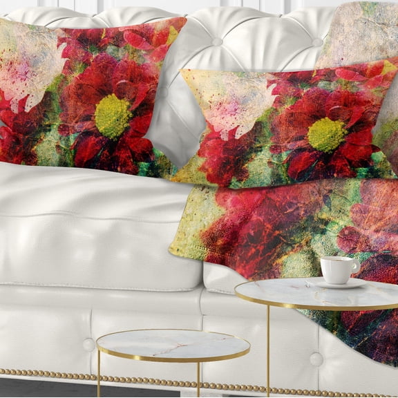 Designart Red Flowers and Watercolor Splashes - Flower Throw Pillow - 12x20