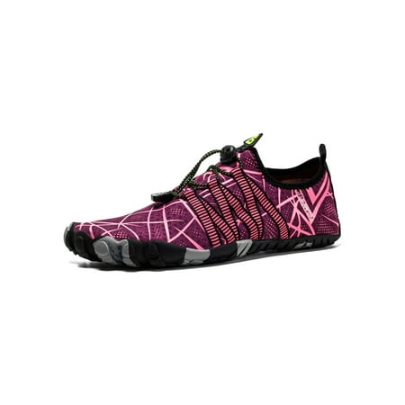 

Ferndule Womens Mens Beach Shoe Quick Dry Water Shoes Barefoot Aqua Socks Athletic Slip On Flats Outdoor Non-Slip Breathable Rose Red 8.5