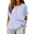 thumbnail image 3 of Cotton Linen Striped Elegant Tops for Women Trendy Outdoor Tie Shirts for Summer Lightweight Loose Fit Crewneck Short Sleeve Tee, 3 of 6