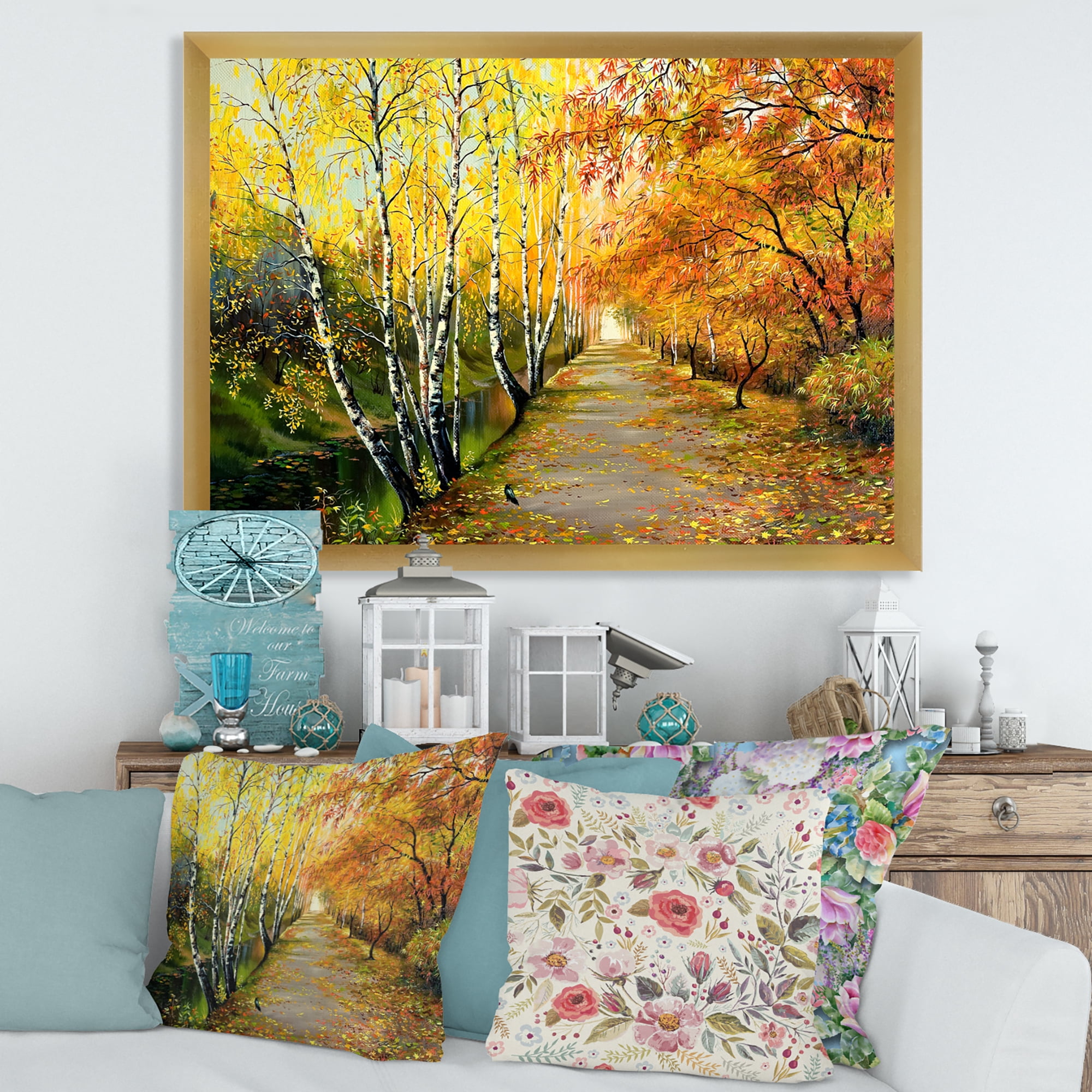Designart 'Path Through The Autumn Woods Along River' Traditional Framed Art Print
